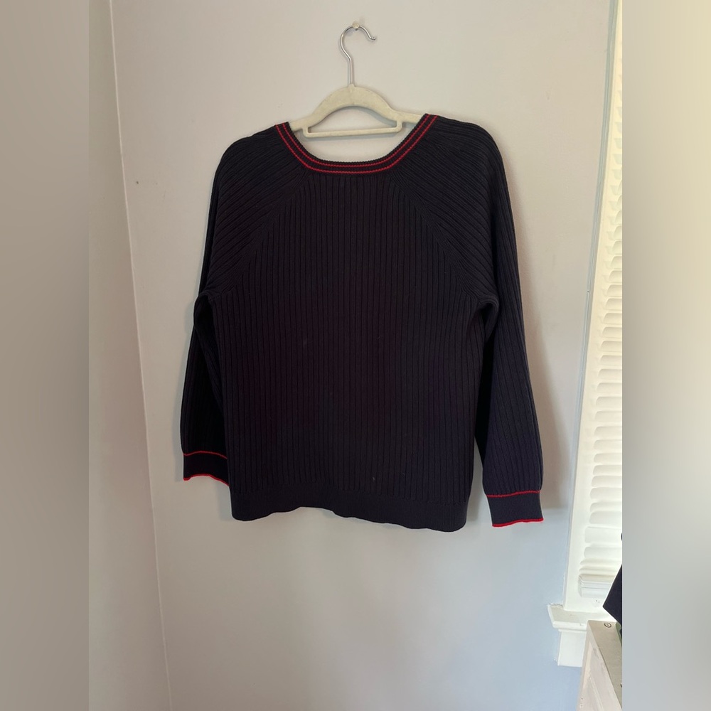 Talbots Navy Blue Cardigan with Red Trim pearl button v-neck - Picture 2 of 10